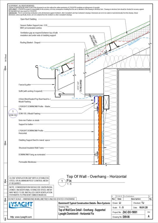 Navigate to D09-06 - Top of Wall Eave Detail - Overhang - Supported Lysaght Dominion® - Horizontal Fix