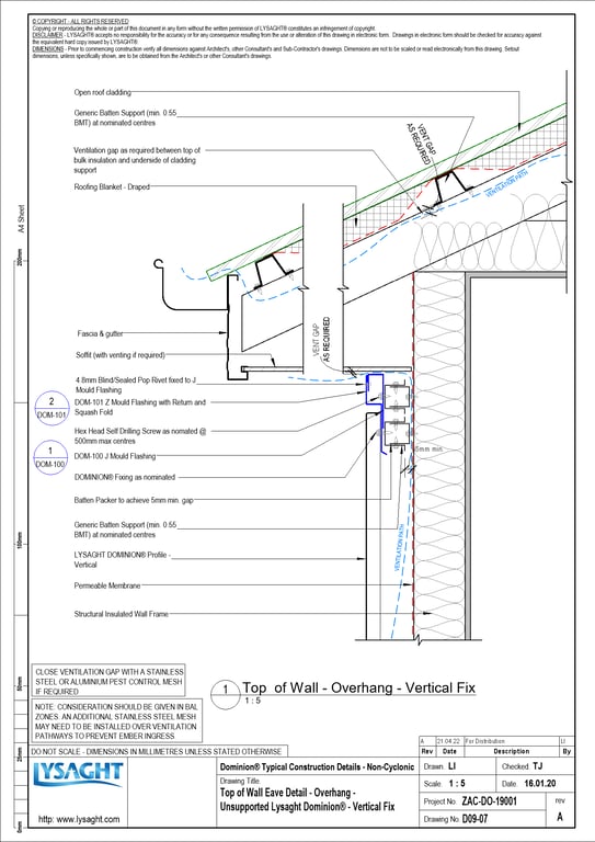 Navigate to D09-07 - Top of Wall Eave Detail - Overhang - Unsupported Lysaght Dominion® - Vertical Fix