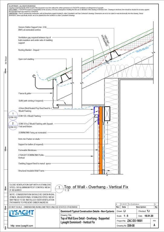 Navigate to D09-08 - Top of Wall Eave Detail - Overhang - Supported Lysaght Dominion® - Vertical Fix
