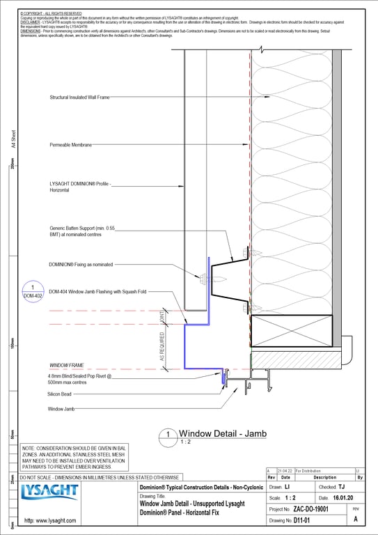 Navigate to D11-01 - Window Jamb Detail - Unsupported Lysaght Dominion® Panel - Horizontal Fix
