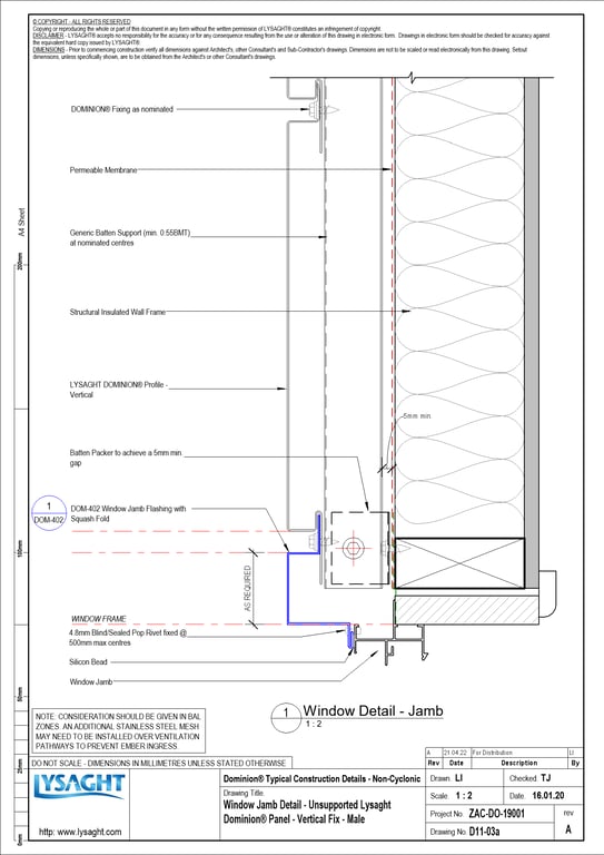 Navigate to D11-03a - Window Jamb Detail - Unsupported Lysaght Dominion® Panel - Vertical Fix - Male