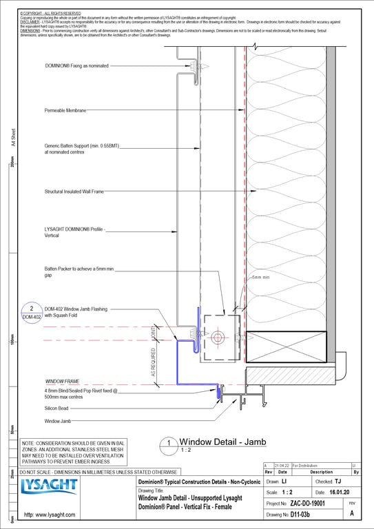 Navigate to D11-03b - Window Jamb Detail - Unsupported Lysaght Dominion® Panel - Vertical Fix - Female