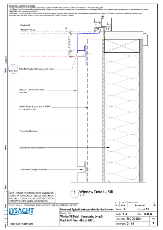 Navigate to D11-05 - Window Sill Detail - Unsupported Lysaght Dominion® Panel - Horizontal Fix