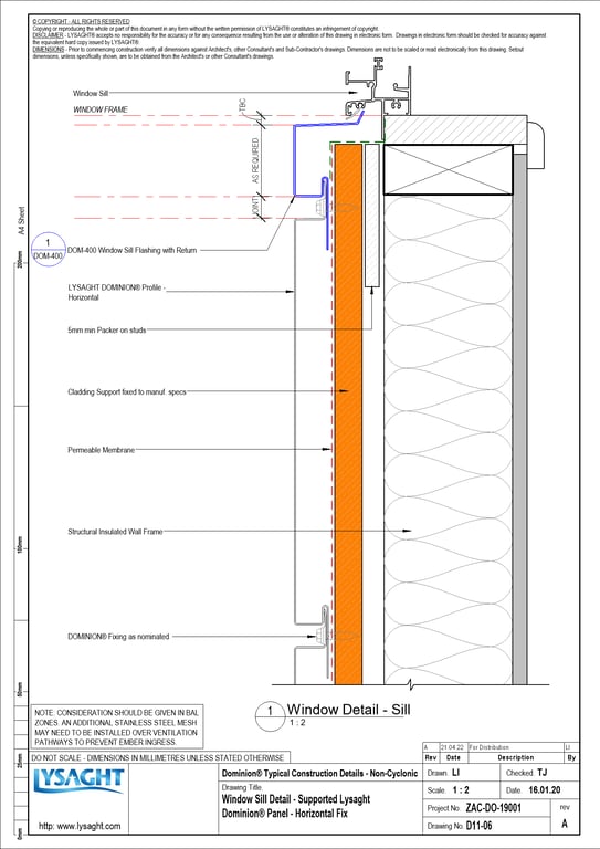Navigate to D11-06 - Window Sill Detail - Supported Lysaght Dominion® Panel - Horizontal Fix