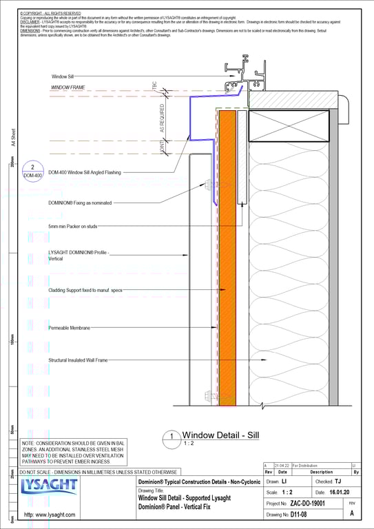 Navigate to D11-08 - Window Sill Detail - Supported Lysaght Dominion® Panel - Vertical Fix