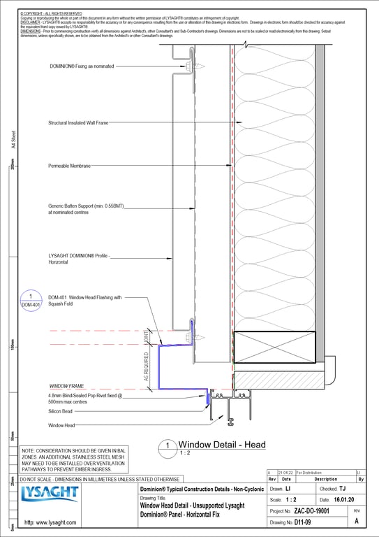 Navigate to D11-09 - Window Head Detail - Unsupported Lysaght Dominion® Panel - Horizontal Fix
