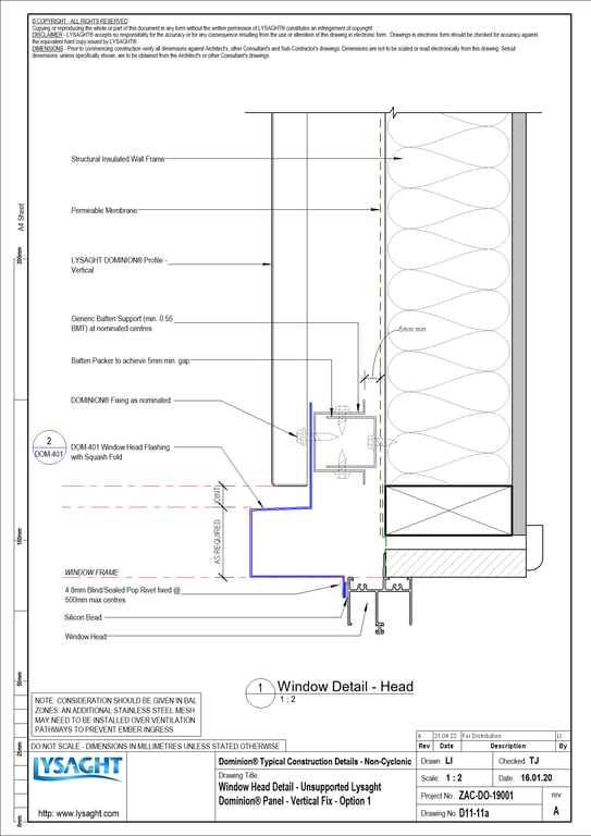 D11-11a - Window Head Detail - Unsupported Lysaght Dominion® Panel - Vertical Fix - Option 1