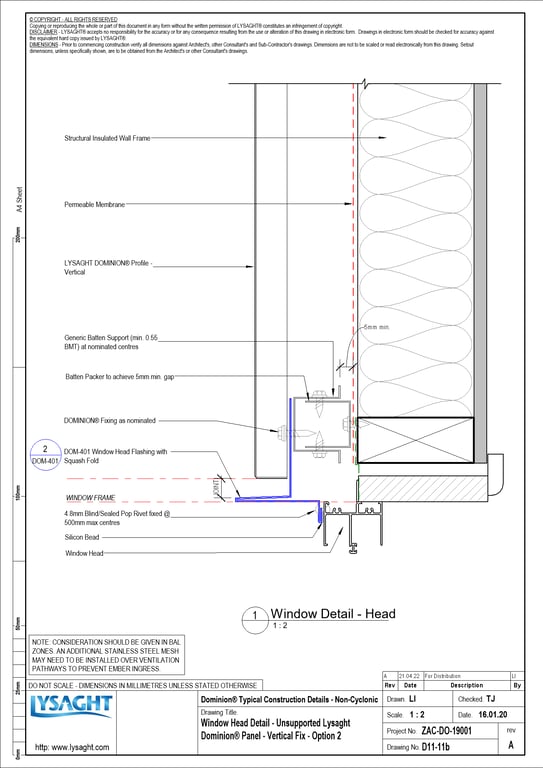 Navigate to D11-11b - Window Head Detail - Unsupported Lysaght Dominion® Panel - Vertical Fix - Option 2