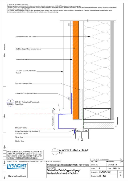 Navigate to D11-12a - Window Head Detail - Supported Lysaght Dominion® Panel - Vertical Fix Option 1