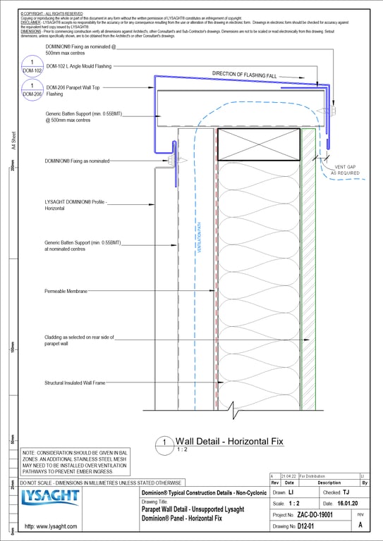 Navigate to D12-01 - Parapet Wall Detail - Unsupported Lysaght Dominion® Panel - Horizontal Fix