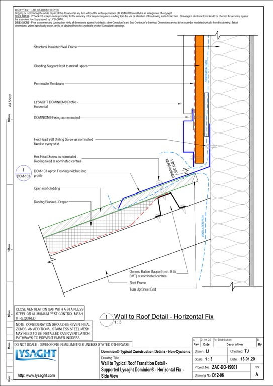 Navigate to D12-06 - Wall to Typical Roof Transition Detail - Supported Lysaght Dominion® - Horizontal Fix - Side View