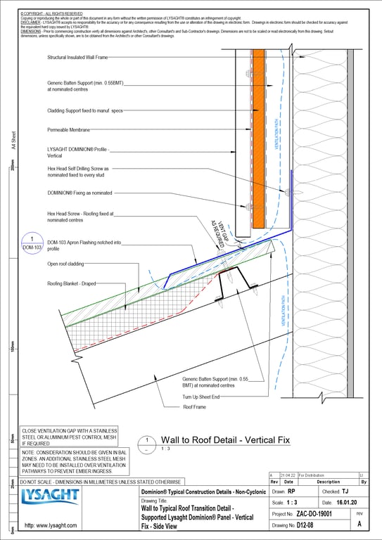 Navigate to D12-08 - Wall to Typical Roof Transition Detail - Supported Lysaght Dominion® Panel - Vertical Fix - Side View