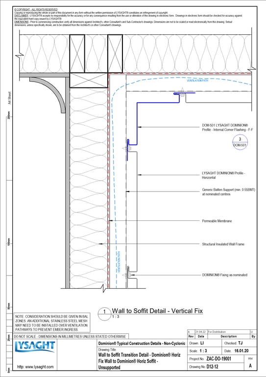 Navigate to D12-12 - Wall to Soffit Transition Detail - Dominion® Horiz Fix Wall to Dominion® Horiz Soffit - Unsupported