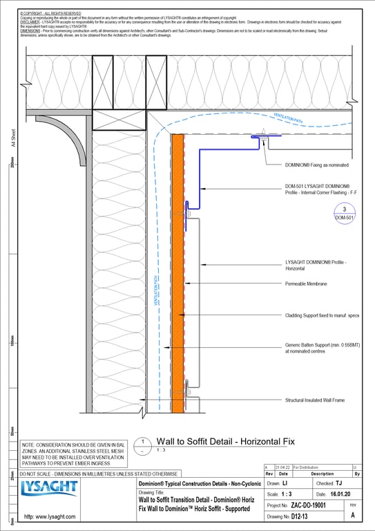 Navigate to D12-13 - Wall to Soffit Transition Detail - Dominion® Horiz Fix Wall to Dominion™ Horiz Soffit - Supported