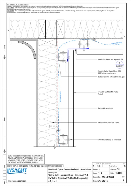 Navigate to D12-14a - Wall to Soffit Transition Detail - Dominion® Vert Fix Wall to Dominion® Vert Soffit - Unsupported - Option 1