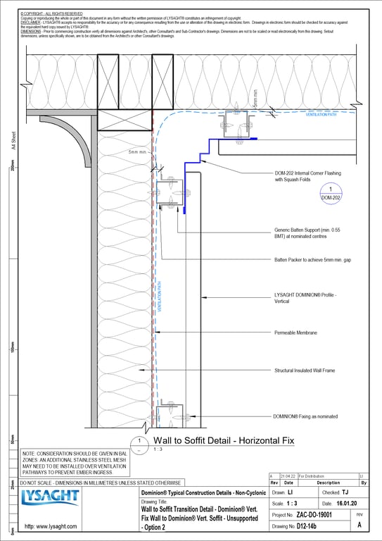 Navigate to D12-14b - Wall to Soffit Transition Detail - Dominion® Vert- Fix Wall to Dominion® Vert- Soffit - Unsupported - Option 2