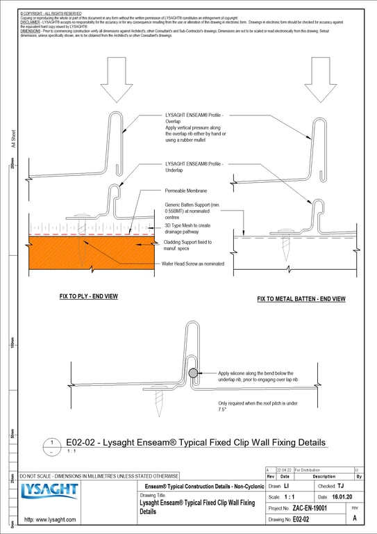 Navigate to E02-02 - Lysaght Enseam® Typical Fixed Clip Wall Fixing Details