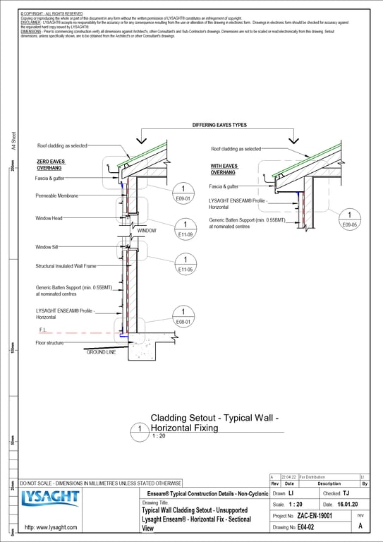 Navigate to E04-02 - Typical Wall Cladding Setout - Unsupported Lysaght Enseam® - Horizontal Fix - Sectional View