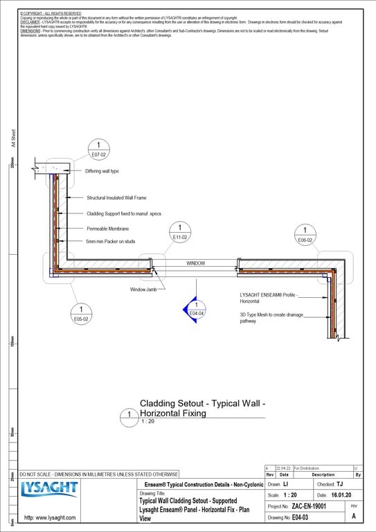 E04-03 - Typical Wall Cladding Setout - Supported Lysaght Enseam® Panel - Horizontal Fix - Plan View