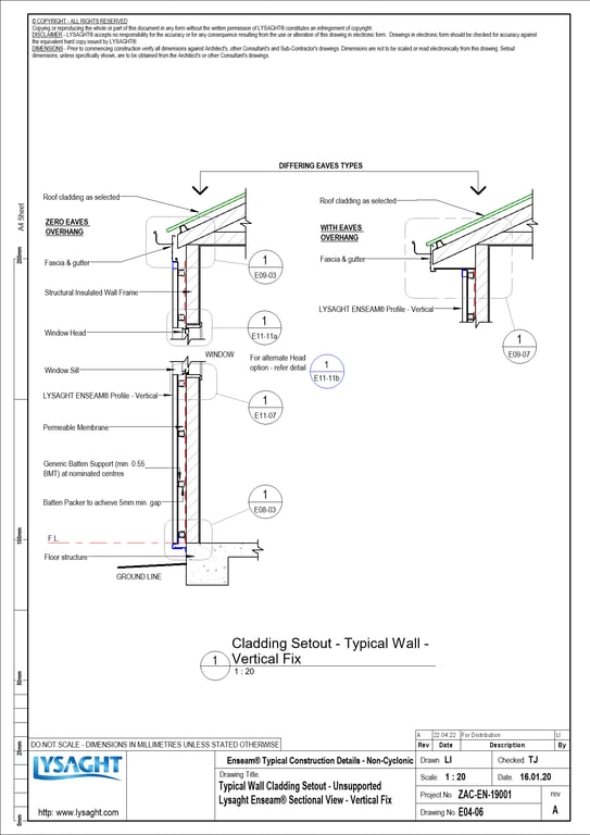 Navigate to E04-06 - Typical Wall Cladding Setout - Unsupported Lysaght Enseam® Sectional View - Vertical Fix