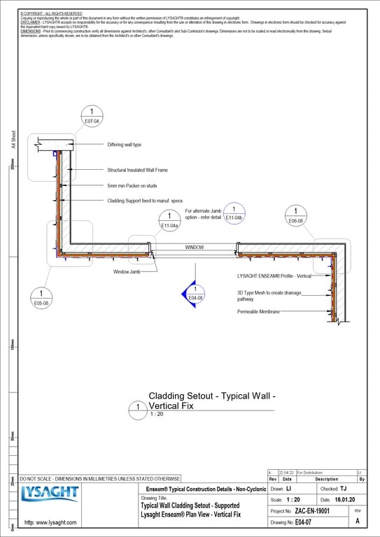 Navigate to E04-07 - Typical Wall Cladding Setout - Supported Lysaght Enseam® Plan View - Vertical Fix