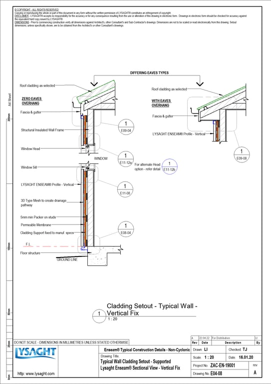 Navigate to E04-08 - Typical Wall Cladding Setout - Supported Lysaght Enseam® Sectional View - Vertical Fix