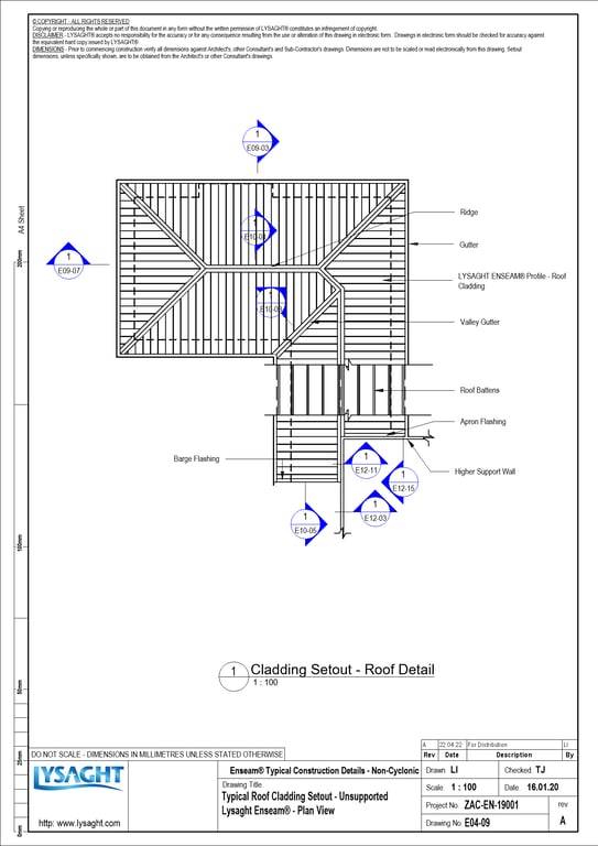 Navigate to E04-09 - Typical Roof Cladding Setout - Unsupported Lysaght Enseam® - Plan View
