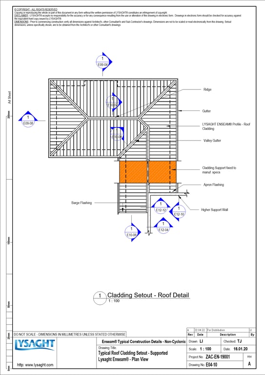 Navigate to E04-10 - Typical Roof Cladding Setout - Supported Lysaght Enseam® - Plan View