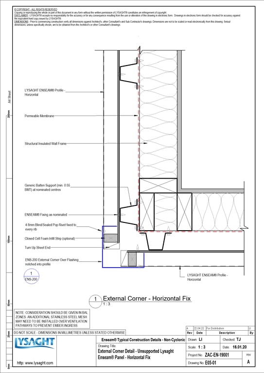 Navigate to E05-01 - External Corner Detail - Unsupported Lysaght Enseam® Panel - Horizontal Fix