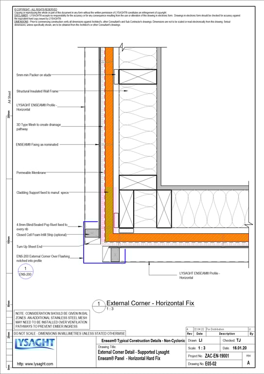 Navigate to E05-02 - External Corner Detail - Supported Lysaght Enseam® Panel  - Horizontal Hard Fix