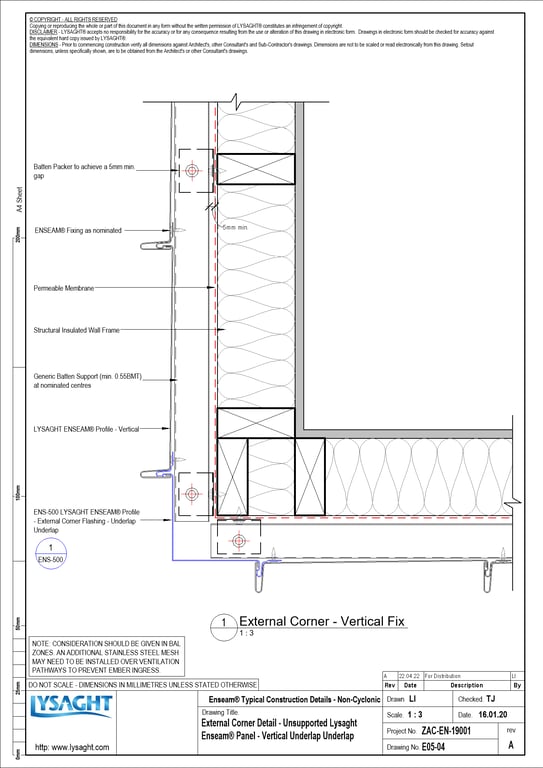 Navigate to E05-04 - External Corner Detail - Unsupported Lysaght Enseam® Panel - Vertical Underlap Underlap