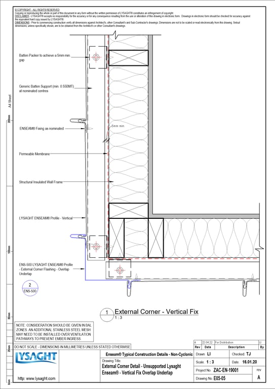 Navigate to E05-05 - External Corner Detail - Unsupported Lysaght Enseam® - Vertical Fix Overlap Underlap