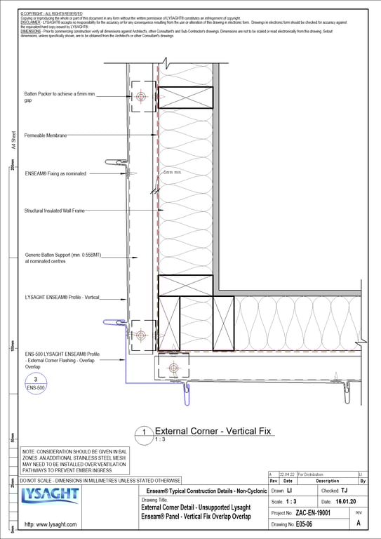 Navigate to E05-06 - External Corner Detail - Unsupported Lysaght Enseam® Panel - Vertical Fix Overlap Overlap