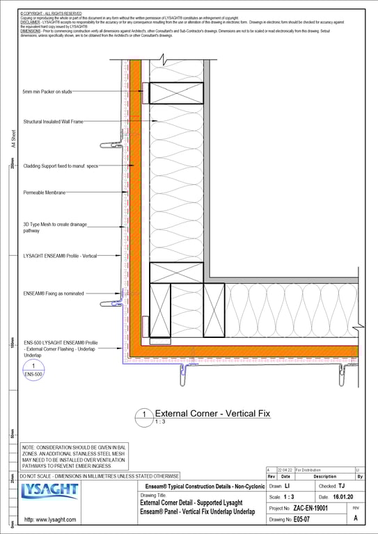 Navigate to E05-07 - External Corner Detail - Supported Lysaght Enseam® Panel - Vertical Fix Underlap Underlap