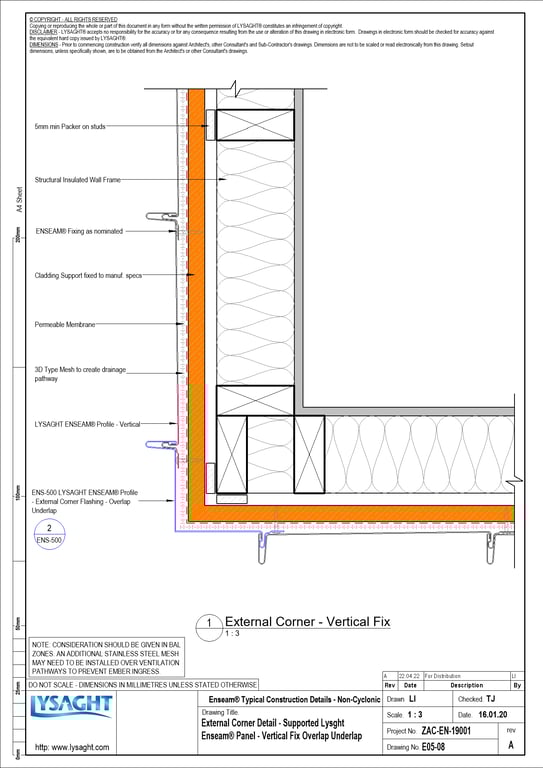 Navigate to E05-08 - External Corner Detail - Supported Lysght Enseam® Panel - Vertical Fix Overlap Underlap