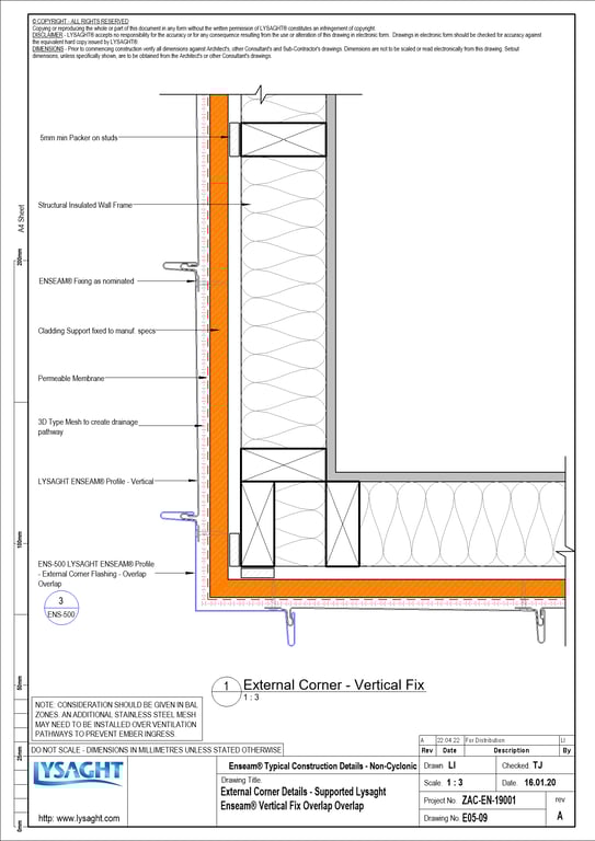 Navigate to E05-09 - External Corner Details - Supported Lysaght Enseam® Vertical Fix Overlap Overlap