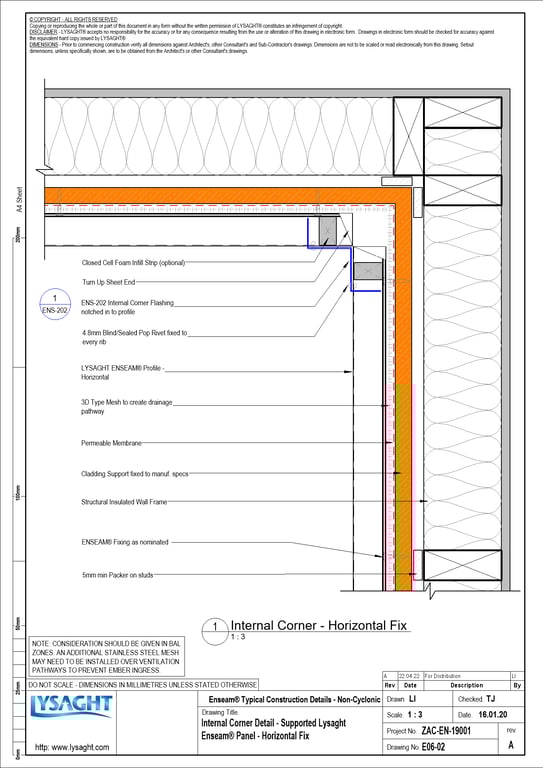 Navigate to E06-02 - Internal Corner Detail - Supported Lysaght Enseam® Panel - Horizontal Fix
