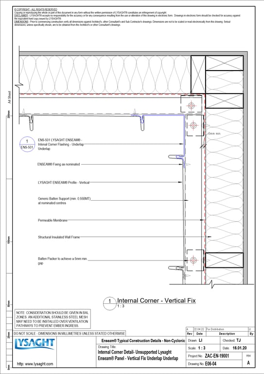 E06-04 - Internal Corner Detail- Unsupported Lysaght Enseam® Panel - Vertical Fix Underlap Underlap