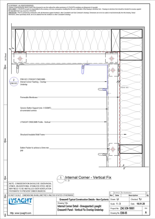Navigate to E06-05 - Internal Corner Detail - Unsupported Lysaght Enseam® Panel - Vertical Fix Overlap Underlap