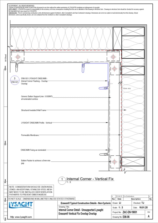 Navigate to E06-06 - Internal Corner Detail - Unsupported Lysaght Enseam® Vertical Fix Overlap Overlap