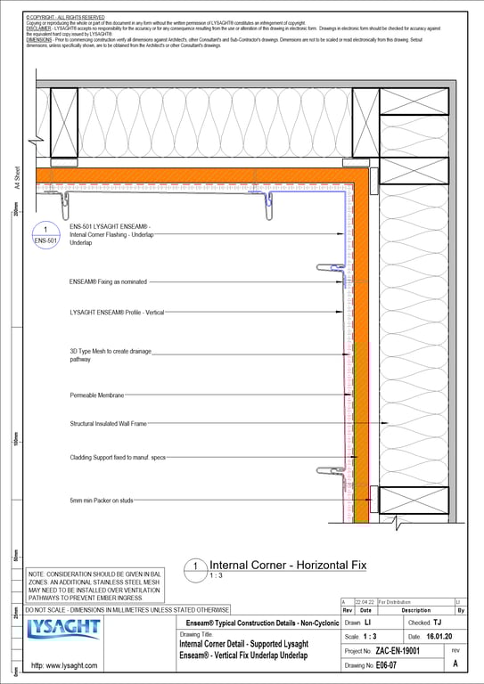 Navigate to E06-07 - Internal Corner Detail - Supported Lysaght Enseam® - Vertical Fix Underlap Underlap