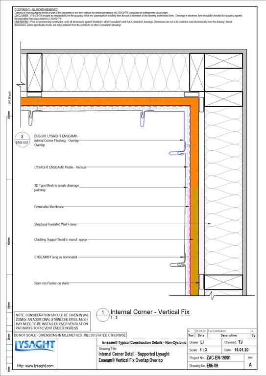 Navigate to E06-09 - Internal Corner Detail - Supported Lysaght Enseam® Vertical Fix Overlap Overlap