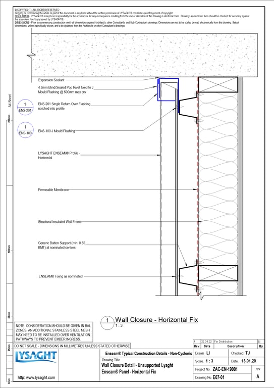 E07-01 - Wall Closure Detail - Unsupported Lyaght Enseam® Panel - Horizontal Fix