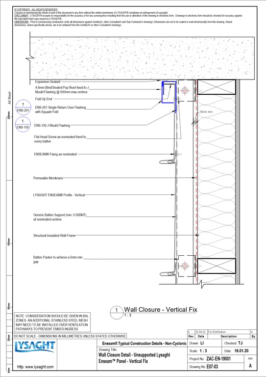 Navigate to E07-03 - Wall Closure Detail - Unsupported Lysaght Enseam™ Panel - Vertical Fix