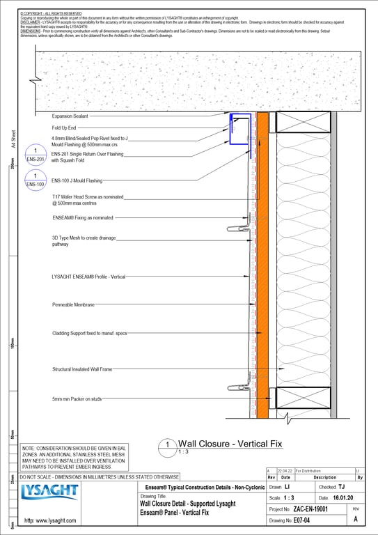 Navigate to E07-04 - Wall Closure Detail - Supported Lysaght Enseam® Panel - Vertical Fix