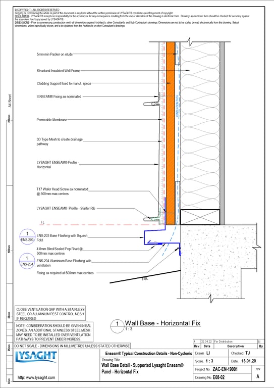 Navigate to E08-02 - Wall Base Detail - Supported Lysaght Enseam® Panel - Horizontal Fix