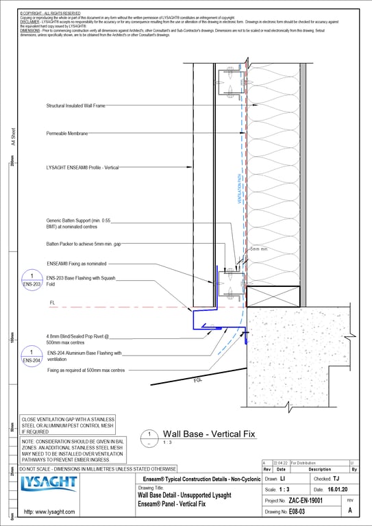 Navigate to E08-03 - Wall Base Detail - Unsupported Lysaght Enseam® Panel - Vertical Fix