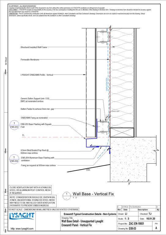 E08-03 - Wall Base Detail - Unsupported Lysaght Enseam® Panel - Vertical Fix