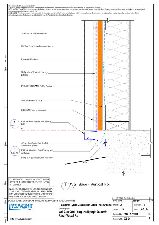 E08-04 - Wall Base Detail - Supported Lysaght Enseam® Panel - Vertical Fix