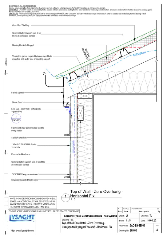 Navigate to E09-01 - Top of Wall Eave Detail - Zero Overhang - Unsupported Lysaght Enseam® - Horizontal Fix